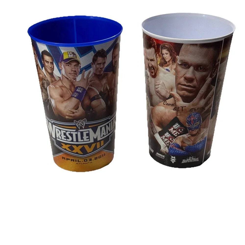 2 Vintage WWE Blue & White Collectible Plastic Souvenir Cups Wrestling Superstar
